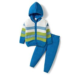 Babyhug Knit Full Sleeves Front Open Hooded Sweater Set with Stripes - Blue & Green