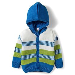 Babyhug Knit Full Sleeves Front Open Hooded Sweater Set with Stripes - Blue & Green