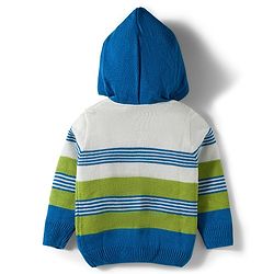Babyhug Knit Full Sleeves Front Open Hooded Sweater Set with Stripes - Blue & Green