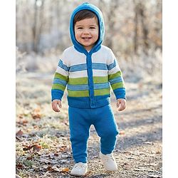 Babyhug Knit Full Sleeves Front Open Hooded Sweater Set with Stripes - Blue & Green
