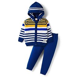 Babyhug Knit Full Sleeves Front Open Hooded Sweater & Pant Set with Stripes - Navy Blue