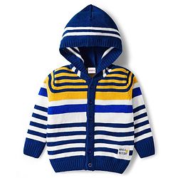 Babyhug Knit Full Sleeves Front Open Hooded Sweater & Pant Set with Stripes - Navy Blue