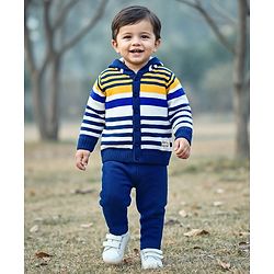 Babyhug Knit Full Sleeves Front Open Hooded Sweater & Pant Set with Stripes - Navy Blue