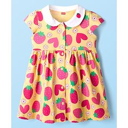 Babyhug Single Jersey Knit Half Sleeves Front Open Frock with Tropical Theme Print - Mustard