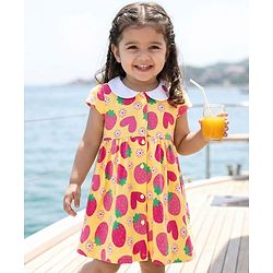 Babyhug Single Jersey Knit Half Sleeves Front Open Frock with Tropical Theme Print - Mustard