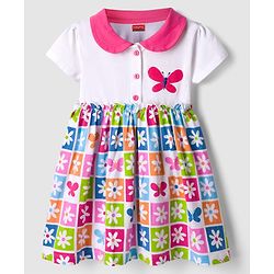 Babyhug Single Jersey Knit Half Sleeves Frock with Floral Print - White