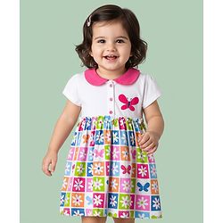 Babyhug Single Jersey Knit Half Sleeves Frock with Floral Print - White