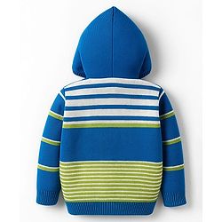 Babyhug Knit Full Sleeves Hooded Front Open Sweater Set with Stripes - Royal Blue