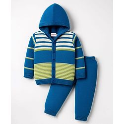 Babyhug Knit Full Sleeves Hooded Front Open Sweater Set with Stripes - Royal Blue