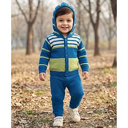 Babyhug Knit Full Sleeves Hooded Front Open Sweater Set with Stripes - Royal Blue