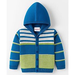 Babyhug Knit Full Sleeves Hooded Front Open Sweater Set with Stripes - Royal Blue