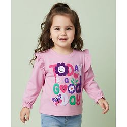 Babyhug 100% Cotton Knit Full Sleeves Top with Frill Text Print & Embroidery - Pink