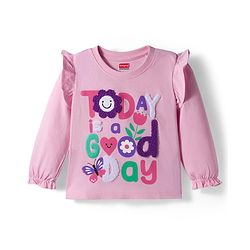 Babyhug 100% Cotton Knit Full Sleeves Top with Frill Text Print & Embroidery - Pink