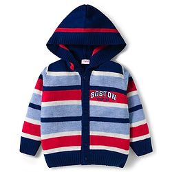 Babyhug Knitted Full Sleeves Hooded Sweater Set With Boston Design - Navy Blue