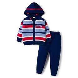 Babyhug Knitted Full Sleeves Hooded Sweater Set With Boston Design - Navy Blue