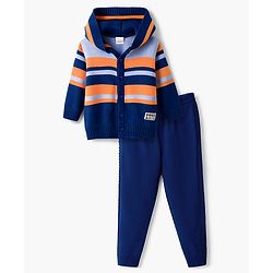 Babyhug Knit Full Sleeves Striped Hooded Front Open Sweater Set - Navy Blue