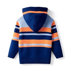 Babyhug Knit Full Sleeves Striped Hooded Front Open Sweater Set - Navy Blue