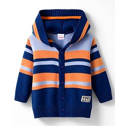 Babyhug Knit Full Sleeves Striped Hooded Front Open Sweater Set - Navy Blue