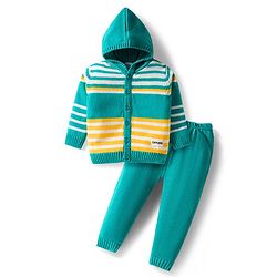 Babyhug Knit Full Sleeves Front Open Hooded Sweater & Pant Set with Stripes - Mint