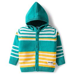 Babyhug Knit Full Sleeves Front Open Hooded Sweater & Pant Set with Stripes - Mint