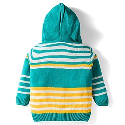 Babyhug Knit Full Sleeves Front Open Hooded Sweater & Pant Set with Stripes - Mint