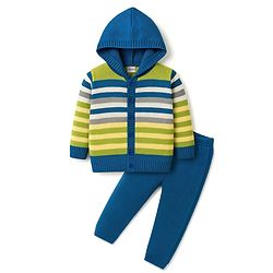 Babyhug Knitted Full Sleeves Striped Hooded Sweater Set - Blue & Green