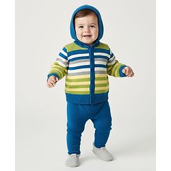 Babyhug Knitted Full Sleeves Striped Hooded Sweater Set - Blue & Green
