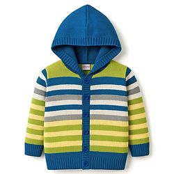 Babyhug Knitted Full Sleeves Striped Hooded Sweater Set - Blue & Green