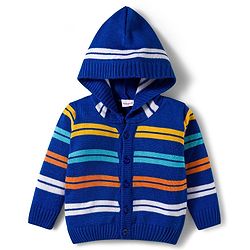 Babyhug Knitted Full Sleeves Striped Hooded Sweater Set - Royal Blue
