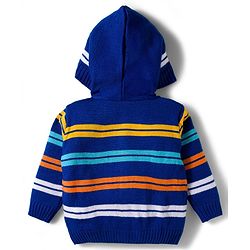Babyhug Knitted Full Sleeves Striped Hooded Sweater Set - Royal Blue