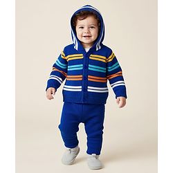 Babyhug Knitted Full Sleeves Striped Hooded Sweater Set - Royal Blue