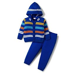 Babyhug Knitted Full Sleeves Striped Hooded Sweater Set - Royal Blue