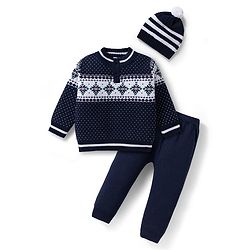 Babyhug Cotton Knit Full Sleeves Pullover Sweater Set with Cap & Aztec Design - Navy Blue