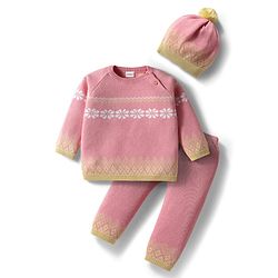 Babyhug Knit Full Raglan Sleeves Pullover Sweater Set with Cap & Aztec Design - Pink