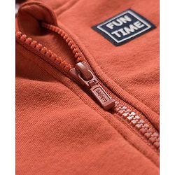 Babyhug Fleece Knit Full Sleeves Hooded Sweatjacket With Fun Time Patch & Kangaroo Pockets - Brown