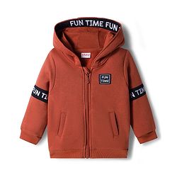 Babyhug Fleece Knit Full Sleeves Hooded Sweatjacket With Fun Time Patch & Kangaroo Pockets - Brown