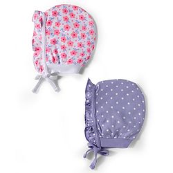 Babyhug 100% Cotton Bonnet Cap with Floral Print & Frill Detailing Pack of 2 Purple & Lilac - Diameter 16.50 cm