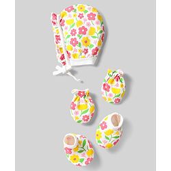 Babyhug 100% Cotton Knit Cap Mittens & Booties Set with Floral Print White - Circumference 29 cm