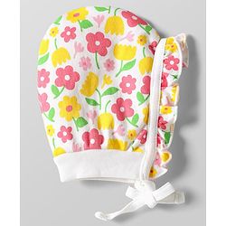 Babyhug 100% Cotton Knit Cap Mittens & Booties Set with Floral Print White - Circumference 29 cm