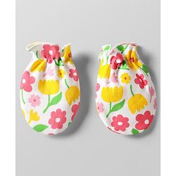 Babyhug 100% Cotton Knit Cap Mittens & Booties Set with Floral Print White - Circumference 29 cm