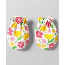 Babyhug 100% Cotton Knit Cap Mittens & Booties Set with Floral Print White - Circumference 29 cm