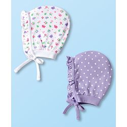 Babyhug 100% Cotton Bonnet Cap with Floral Print & Polka Dot Pack of 2 White & Purple - Diameter 14 cm