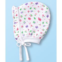 Babyhug 100% Cotton Bonnet Cap with Floral Print & Polka Dot Pack of 2 White & Purple - Diameter 14 cm