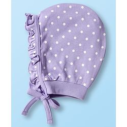 Babyhug 100% Cotton Bonnet Cap with Floral Print & Polka Dot Pack of 2 White & Purple - Diameter 14 cm
