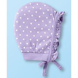 Babyhug 100% Cotton Bonnet Cap with Floral Print & Polka Dot Pack of 2 White & Purple - Diameter 14 cm