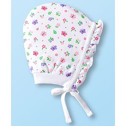 Babyhug 100% Cotton Bonnet Cap with Floral Print & Polka Dot Pack of 2 White & Purple - Diameter 14 cm