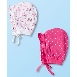 Babyhug 100% Cotton Bonnet Cap with Floral Print & Polka Dot Pack of 2 White & Purple - Diameter 15.75 cm