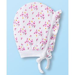 Babyhug 100% Cotton Bonnet Cap with Floral Print & Polka Dot Pack of 2 White & Purple - Diameter 15.75 cm