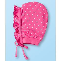 Babyhug 100% Cotton Bonnet Cap with Floral Print & Polka Dot Pack of 2 White & Purple - Diameter 15.75 cm