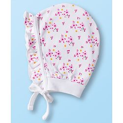 Babyhug 100% Cotton Bonnet Cap with Floral Print & Polka Dot Pack of 2 White & Purple - Diameter 17.75 cm
